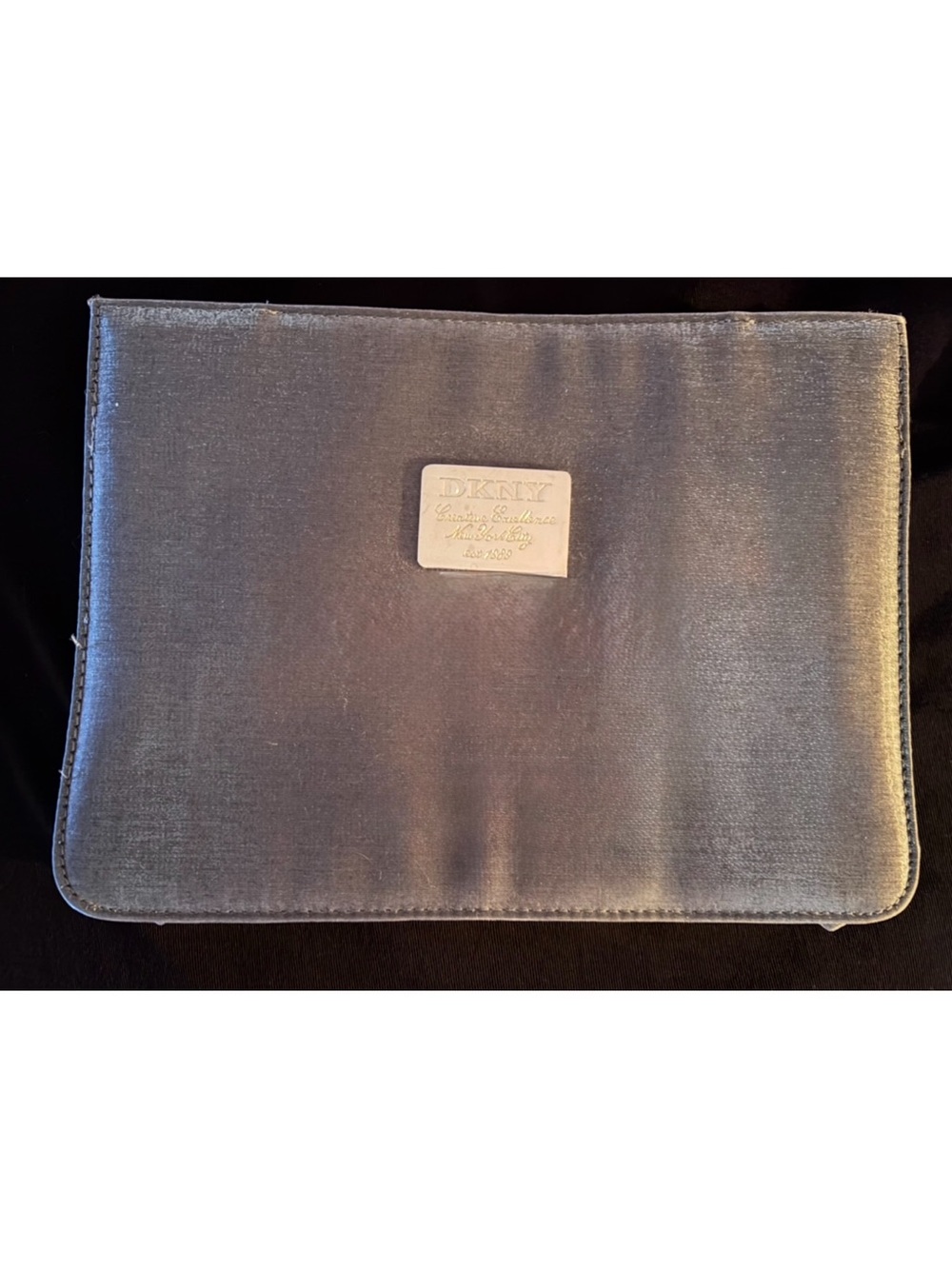 New DKNY Large Silver Metallic Clutch with Silver Logo Plaque.